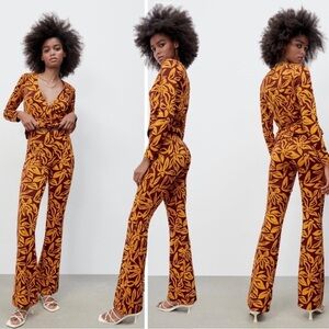 Zara red orange flared floral tropical Jacquard stretchy pants Sz L
